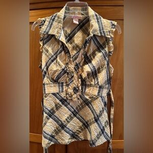 Candie's Yellow & Navy Multi Plaid Sleeveless V-Neck Top Adjustable Tie LIKE NEW